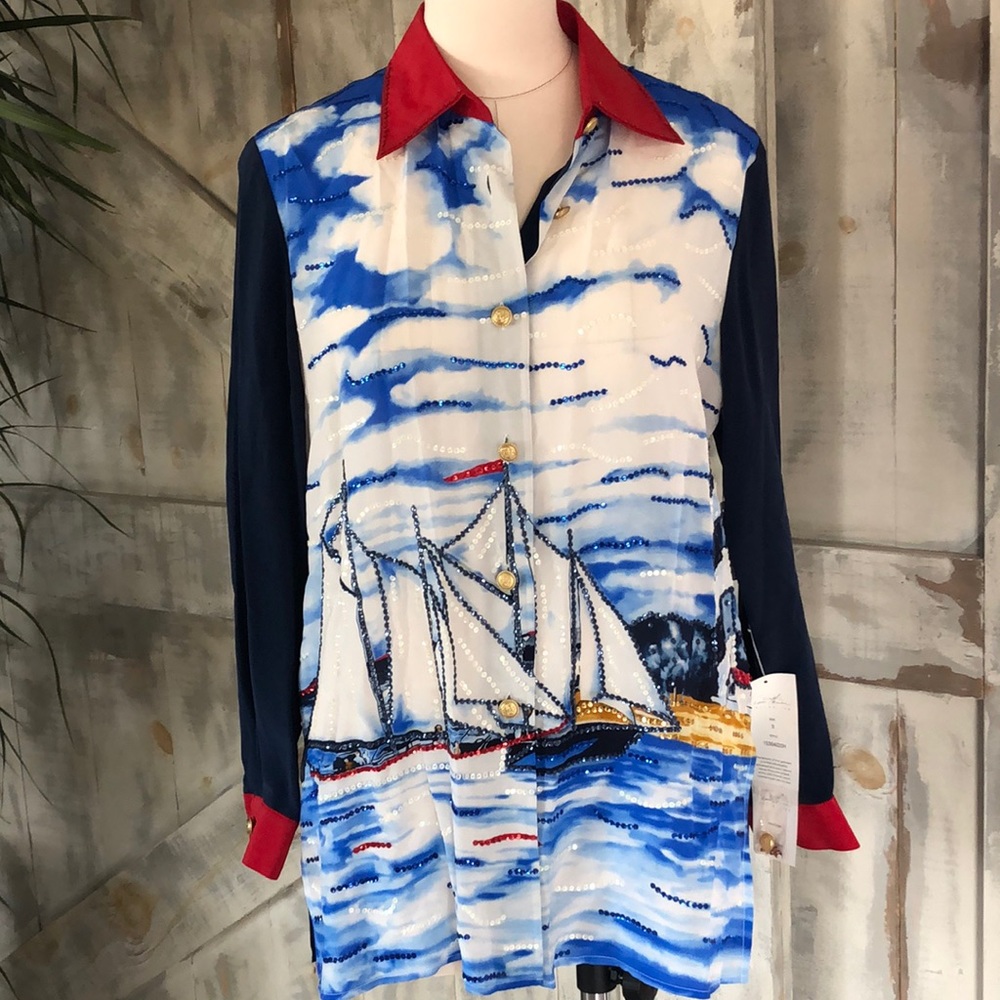 Vintage Diane Gilman silk sequin nautical blouse
